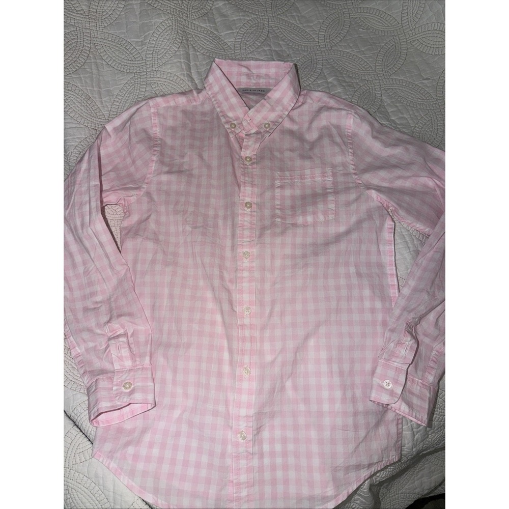 Janie and Jack Boys Sz 10 Pink Gingham Button Up 100% Cotton Shirt Long Sleeve